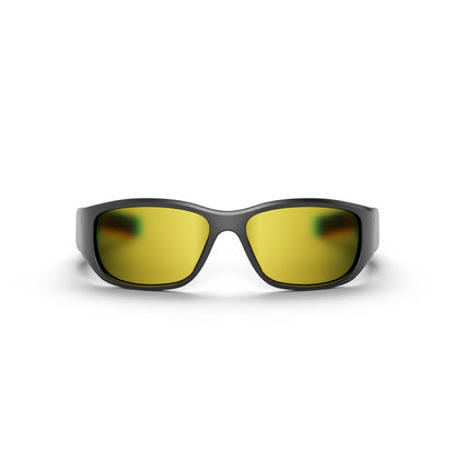 Front view of Reebok Nitrous Smart Audio Sunglasses in black, featuring wide yellow-tinted polarized lenses, shown against a plain white background.