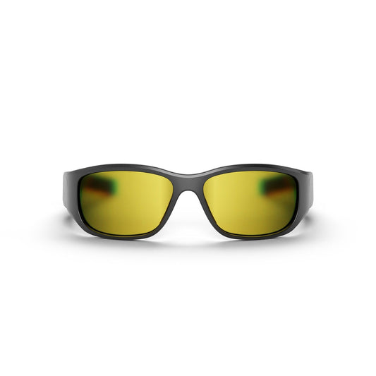Front view of Reebok Nitrous Smart Audio Sunglasses in black, featuring wide yellow-tinted polarized lenses, shown against a plain white background.