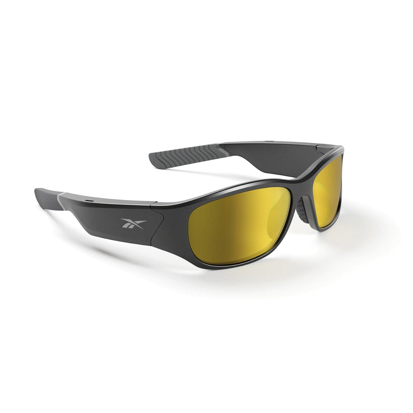 Reebok Nitrous Smart Audio Sunglasses shown on a white background, featuring black wraparound frames, yellow-tinted polarized lenses, and a small side logo.