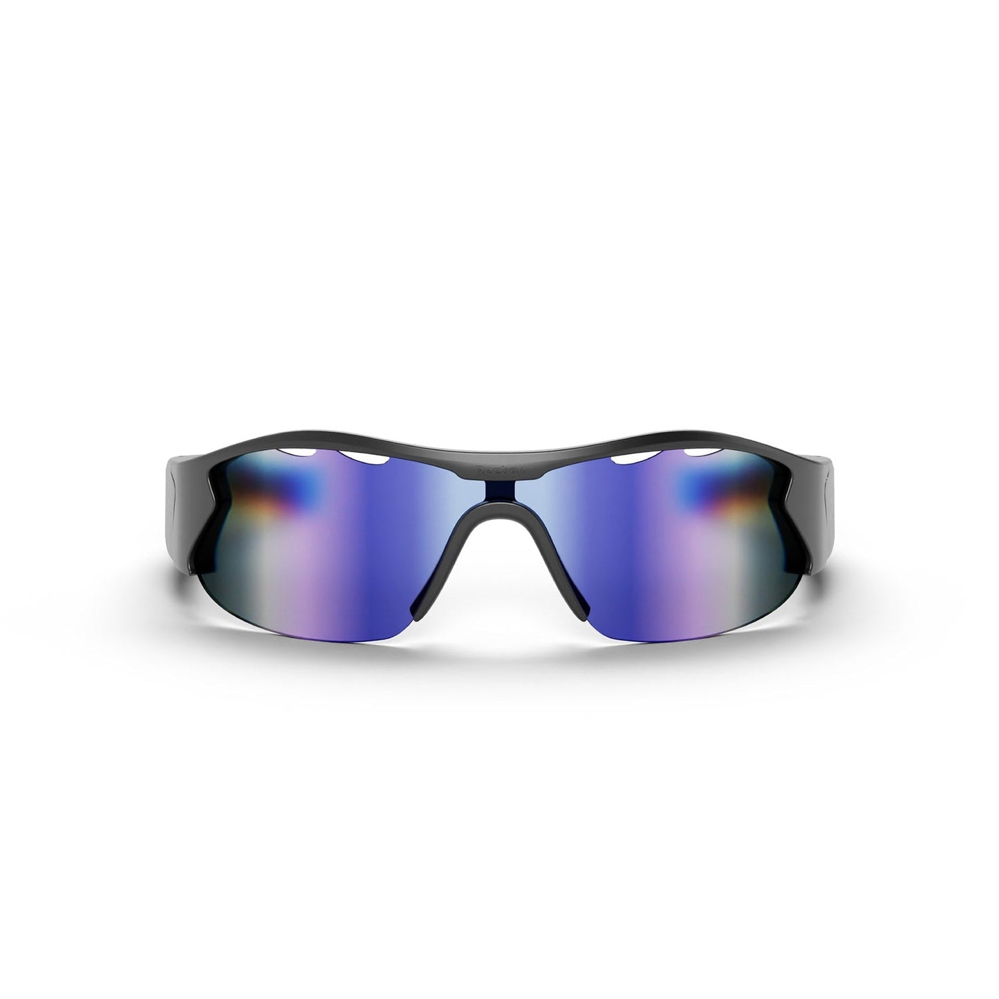 Reebok Octane Smart Audio Sunglasses with blue-purple mirrored polarized lenses and a black frame, displayed front-facing on a white background.
