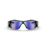 Reebok Octane Smart Audio Sunglasses with blue-purple mirrored polarized lenses and a black frame, displayed front-facing on a white background.