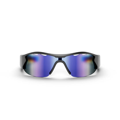 Reebok Octane Smart Audio Sunglasses with blue-purple mirrored polarized lenses and a black frame, displayed front-facing on a white background.