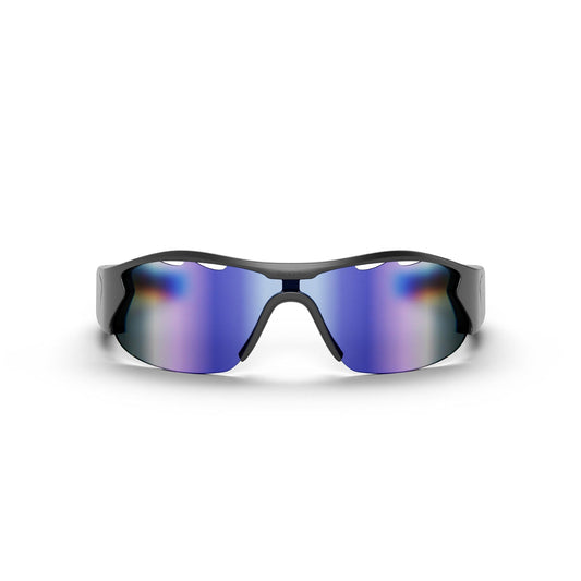 Reebok Octane Smart Audio Sunglasses with blue-purple mirrored polarized lenses and a black frame, displayed front-facing on a white background.