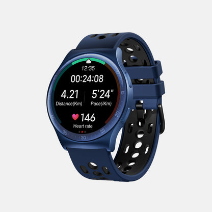The Reebok Pulse Smartwatch tracks workouts with stats like 24:08 elapsed time, 4.21 km distance, 5:24/km pace, and a heart rate of 146 bpm. It features an athletic design and a comfortable perforated blue strap.