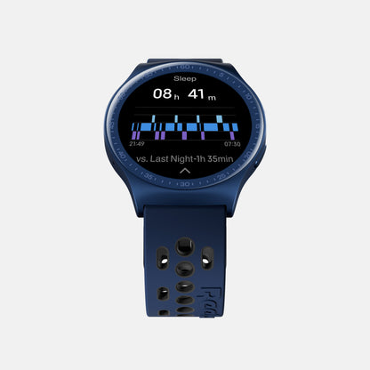 The Reebok Pulse Smartwatch by Reebok displays a sleep tracking screen with 8 hours and 41 minutes of sleep, a bar graph for sleep stages, and a comparison to the previous night’s duration for advanced fitness tracking.