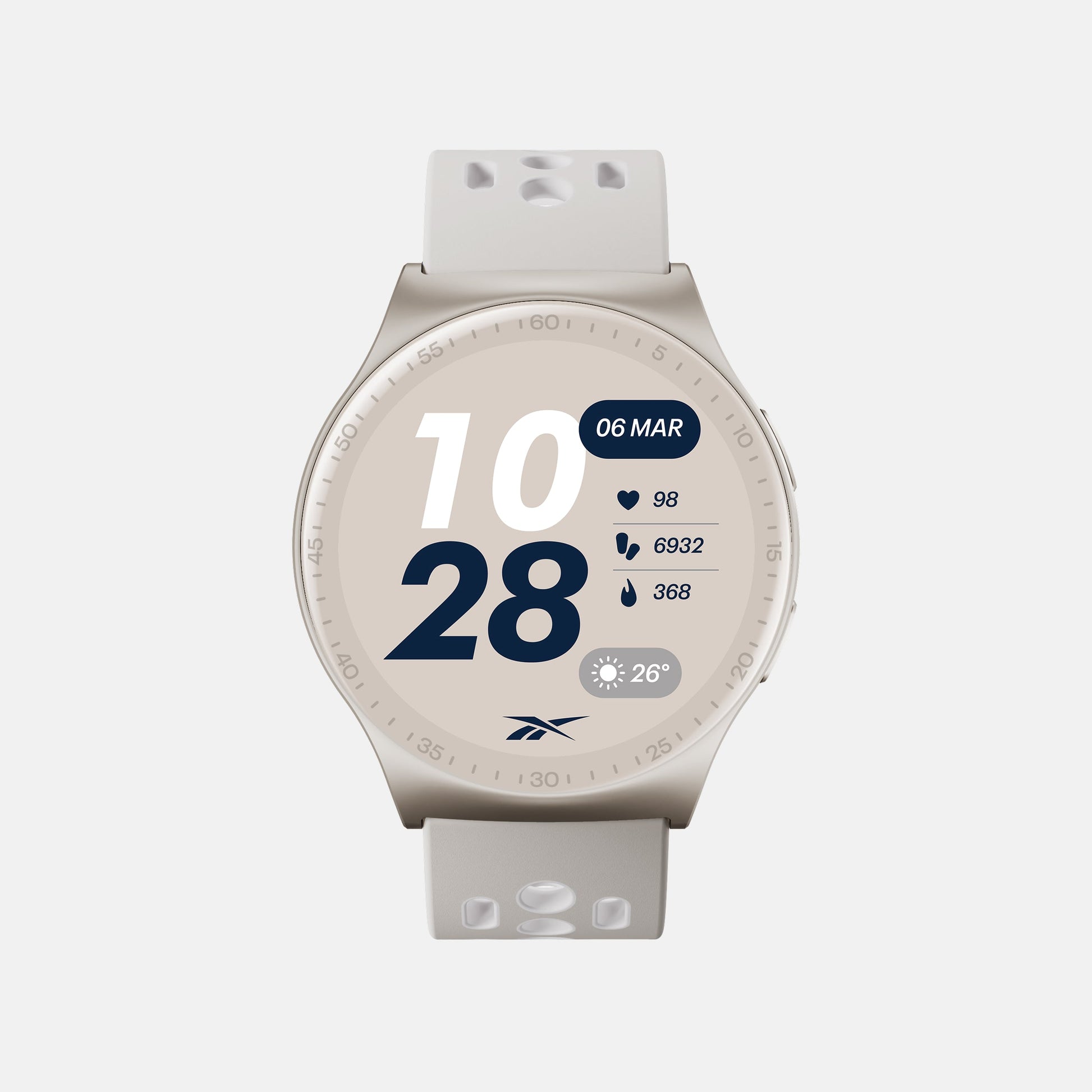 The beige Reebok Pulse Smartwatch by Reebok displays time (10:28, March 6), heart rate (98 bpm), 6932 steps, 368 calories burned, and a weather icon (26°C). Includes a light band with holes for comfort.