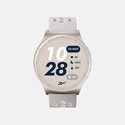 The beige Reebok Pulse Smartwatch by Reebok displays time (10:28, March 6), heart rate (98 bpm), 6932 steps, 368 calories burned, and a weather icon (26°C). Includes a light band with holes for comfort.