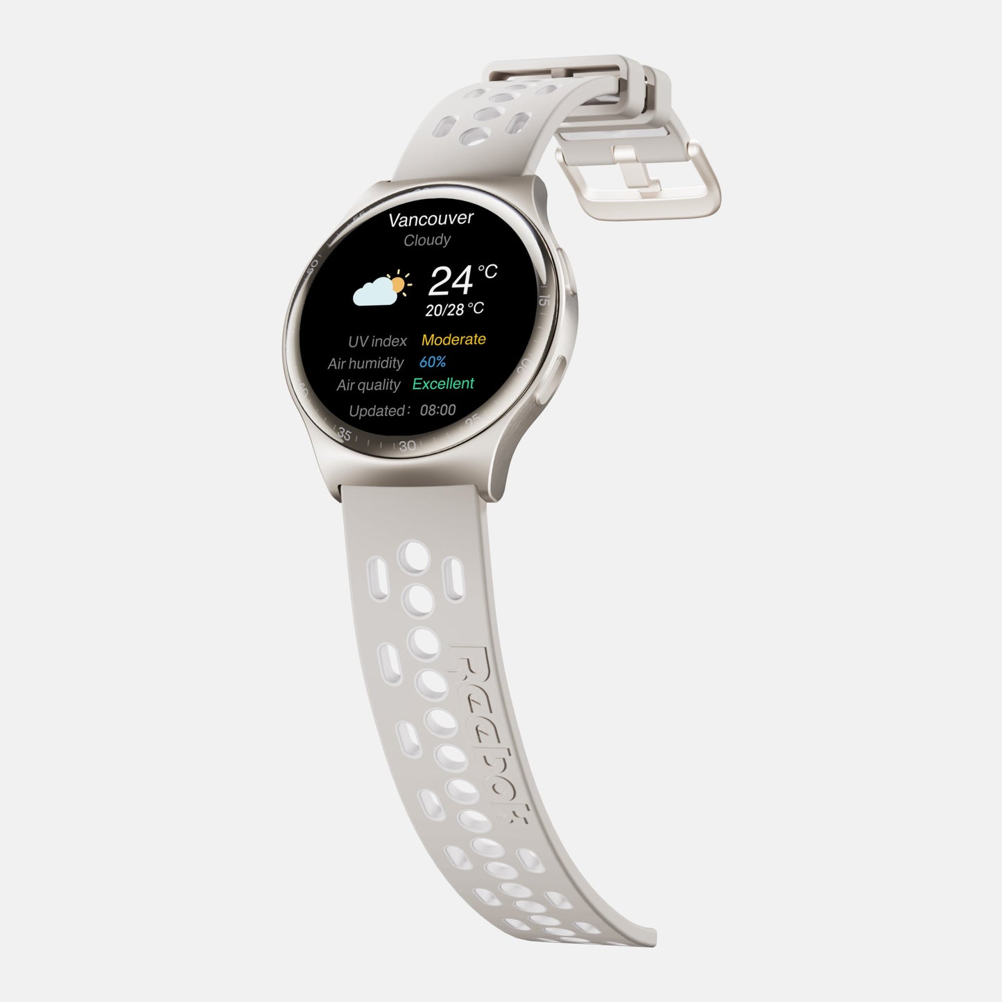 The Reebok Pulse Smartwatch by Reebok shows Vancouver’s weather—24°C, cloudy, moderate UV index, 60% humidity, excellent air quality—making this athletic smartwatch ideal for fitness tracking.