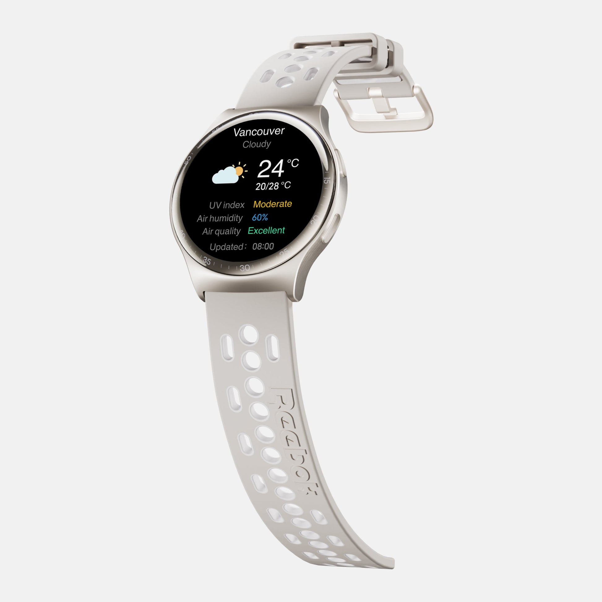 The Reebok Pulse Smartwatch by Reebok shows Vancouver’s weather—24°C, cloudy, moderate UV index, 60% humidity, excellent air quality—making this athletic smartwatch ideal for fitness tracking.