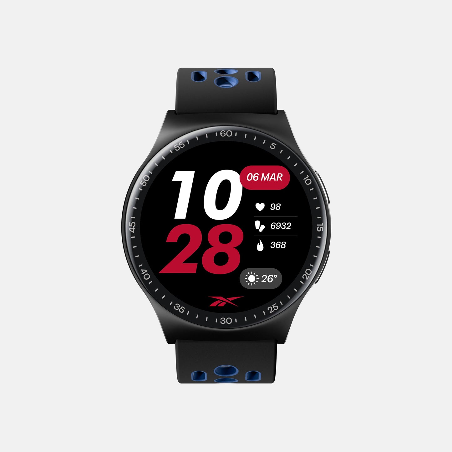 The Reebok Pulse Smartwatch by Reebok offers fitness tracking on a round display with time, date, heart rate, steps, calories, and weather. It features a black strap with blue accents and holes for a sporty look.