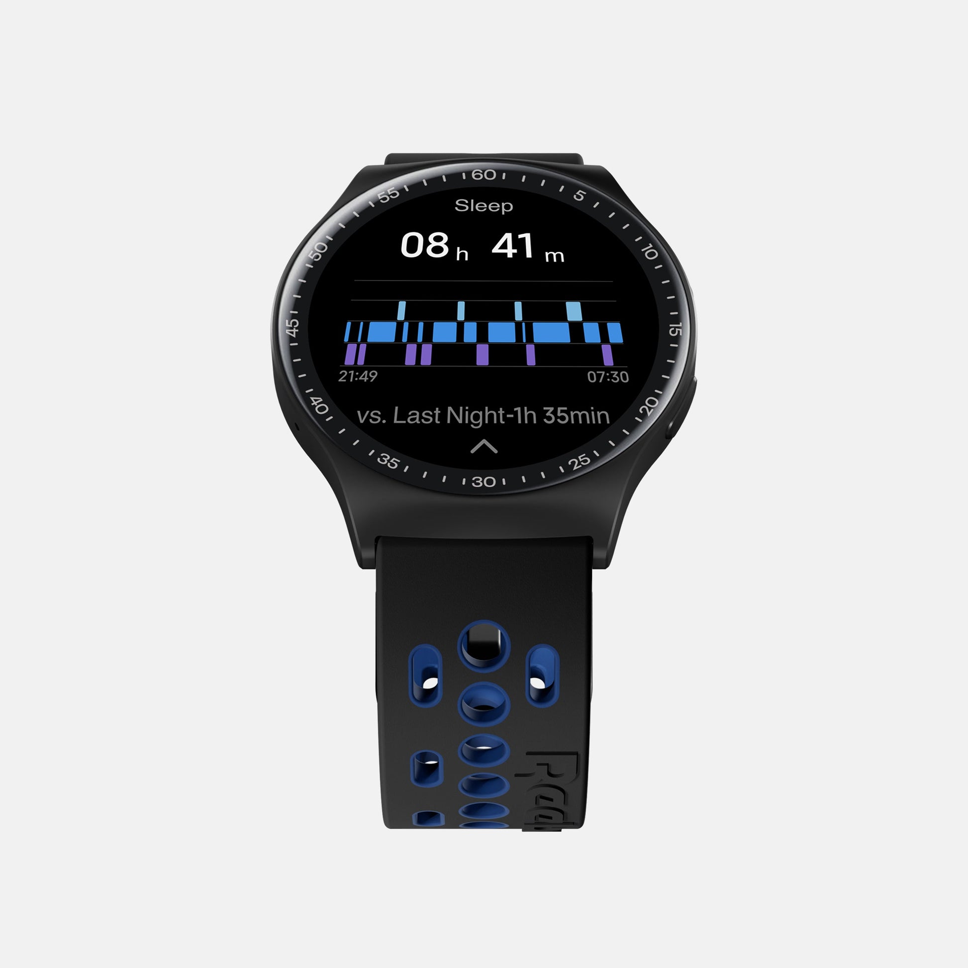 The Reebok Pulse Smartwatch by Reebok shows 8 hours and 41 minutes of sleep tracking on a bar graph. Its black strap with blue accents makes it ideal for all-in-one fitness and sleep monitoring.