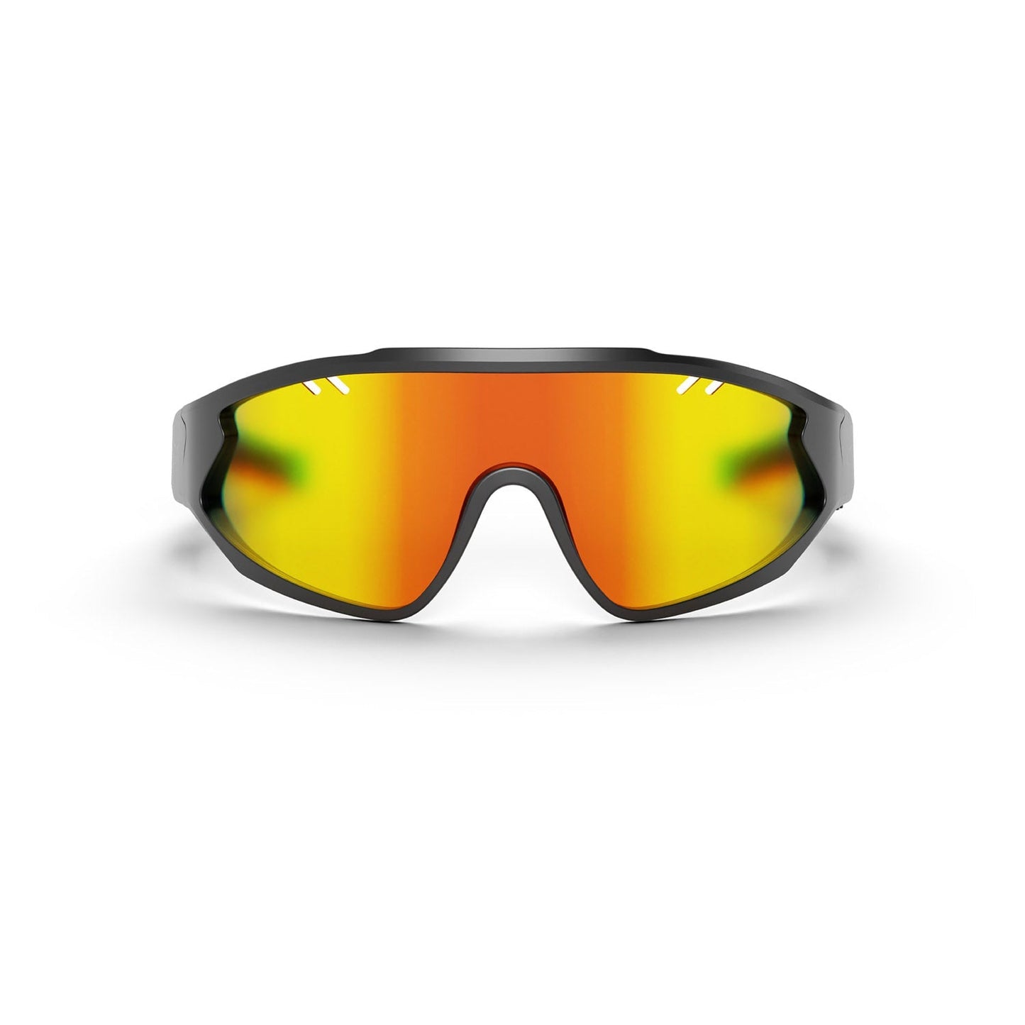 The Reebok Voltage Smart Audio Sunglasses feature a wide, single-piece orange-yellow mirrored polarized lens and black frame, shown front-facing on a white background.