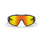 The Reebok Voltage Smart Audio Sunglasses feature a wide, single-piece orange-yellow mirrored polarized lens and black frame, shown front-facing on a white background.