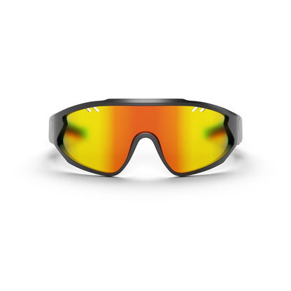 The Reebok Voltage Smart Audio Sunglasses feature a wide, single-piece orange-yellow mirrored polarized lens and black frame, shown front-facing on a white background.