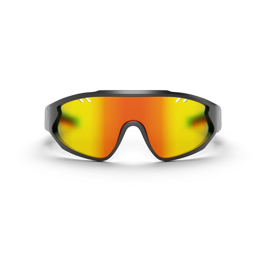 The Reebok Voltage Smart Audio Sunglasses feature a wide, single-piece orange-yellow mirrored polarized lens and black frame, shown front-facing on a white background.