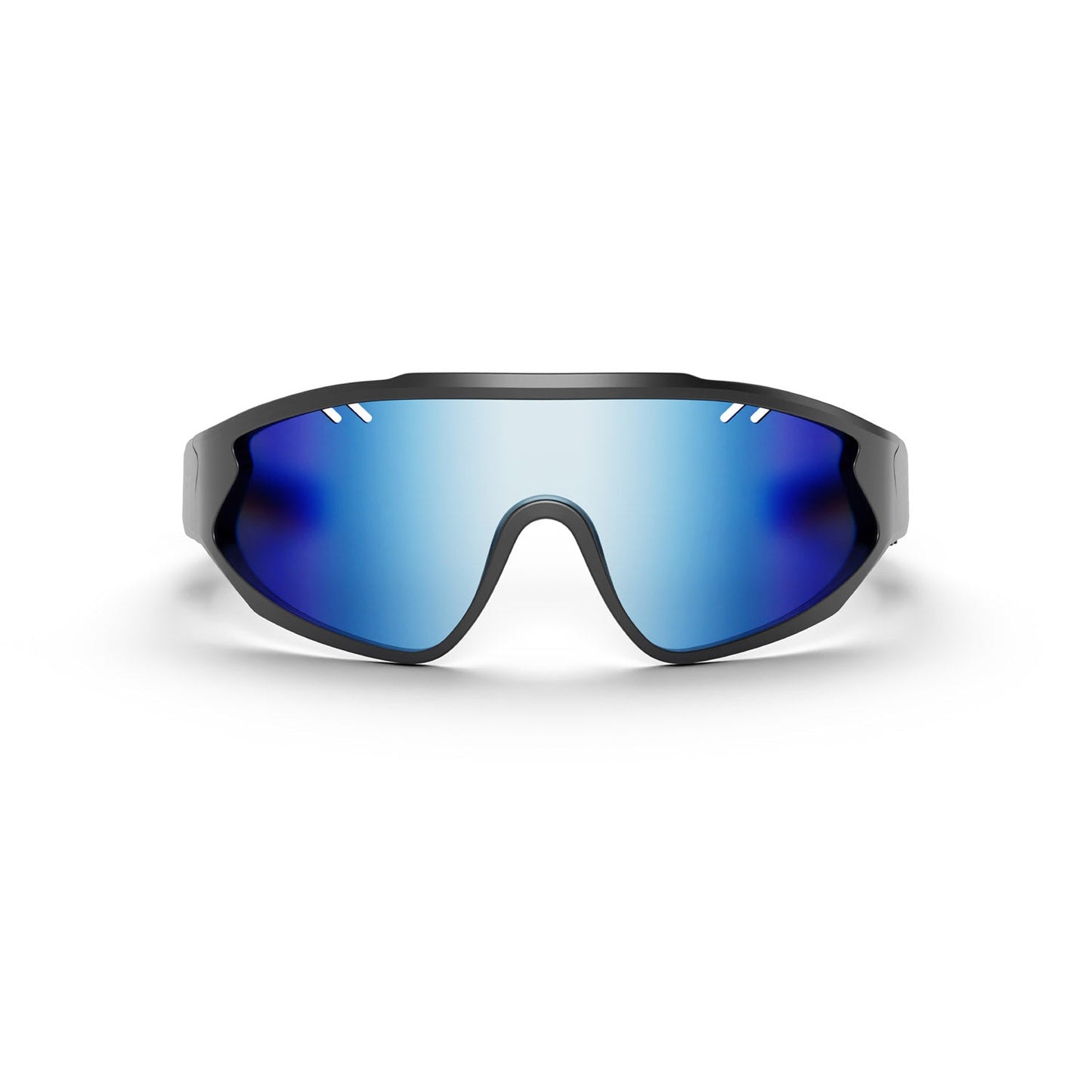 The Reebok Voltage Smart Audio Sunglasses feature a sleek black frame and a single blue mirrored lens, blending futuristic Bluetooth technology with sporty style. Displayed on a plain white background.
