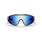 The Reebok Voltage Smart Audio Sunglasses feature a sleek black frame and a single blue mirrored lens, blending futuristic Bluetooth technology with sporty style. Displayed on a plain white background.