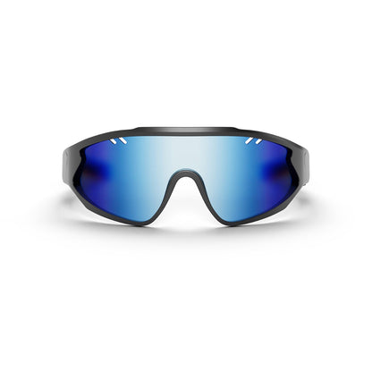 The Reebok Voltage Smart Audio Sunglasses feature a sleek black frame and a single blue mirrored lens, blending futuristic Bluetooth technology with sporty style. Displayed on a plain white background.