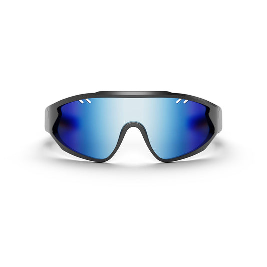 The Reebok Voltage Smart Audio Sunglasses feature a sleek black frame and a single blue mirrored lens, blending futuristic Bluetooth technology with sporty style. Displayed on a plain white background.