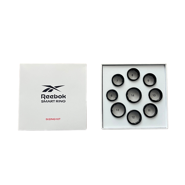The Reebok Smart Ring Sizing Kit features eight black sample rings (sizes 6–13) in a white tray and a white box—ideal for discovering your perfect fit for the innovative Reebok Smart Ring fitness tracker.