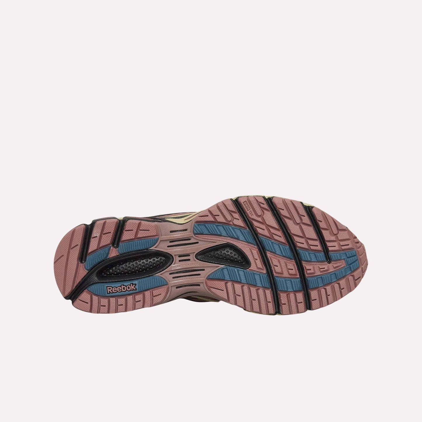 The image displays the sole of Reebok Premier Road Ultra Shoes, showing a mauve pink textured tread with blue and black accents against a light blue background.