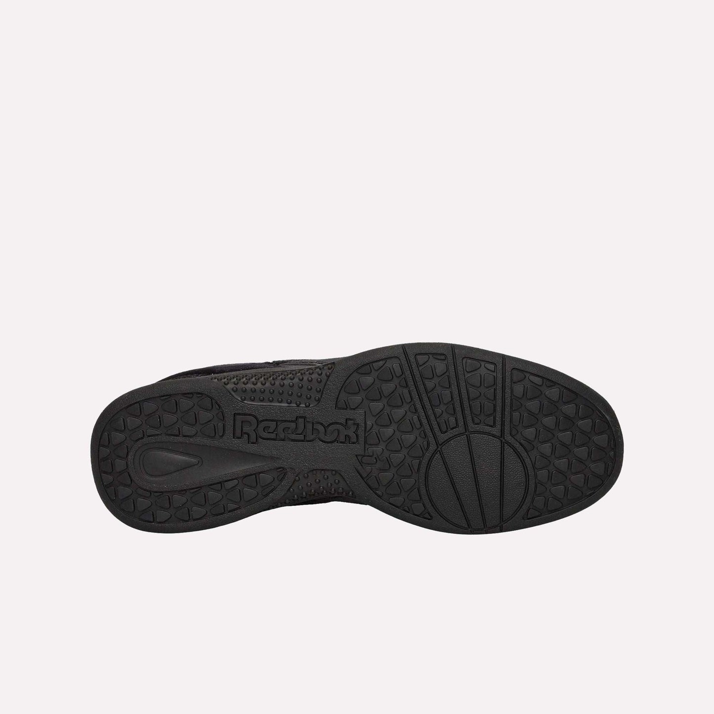 Black rubber sole of Reebok Pleasures Hammer Street Shoes displayed on a light blue background, featuring textured grip patterns, the Reebok logo, and geometric shapes for traction from the PLEASURES collaboration.