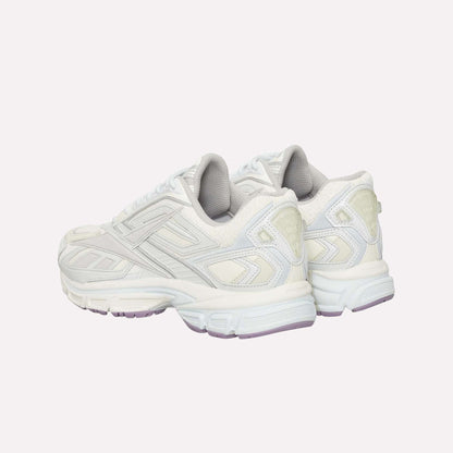 A pair of white Reebok Premier Road Ultra sneakers with light gray and off-white accents, viewed from the rear angle. Features include textured panels, a dual-density midsole, thick soles, and pale purple detailing on the outsole.