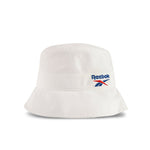 The Reebok Bucket Hat is crafted from recycled nylon and showcases the iconic logo embroidered in blue, red, and black on the front—an ideal accessory to elevate your streetwear style. Shown on a plain white background.