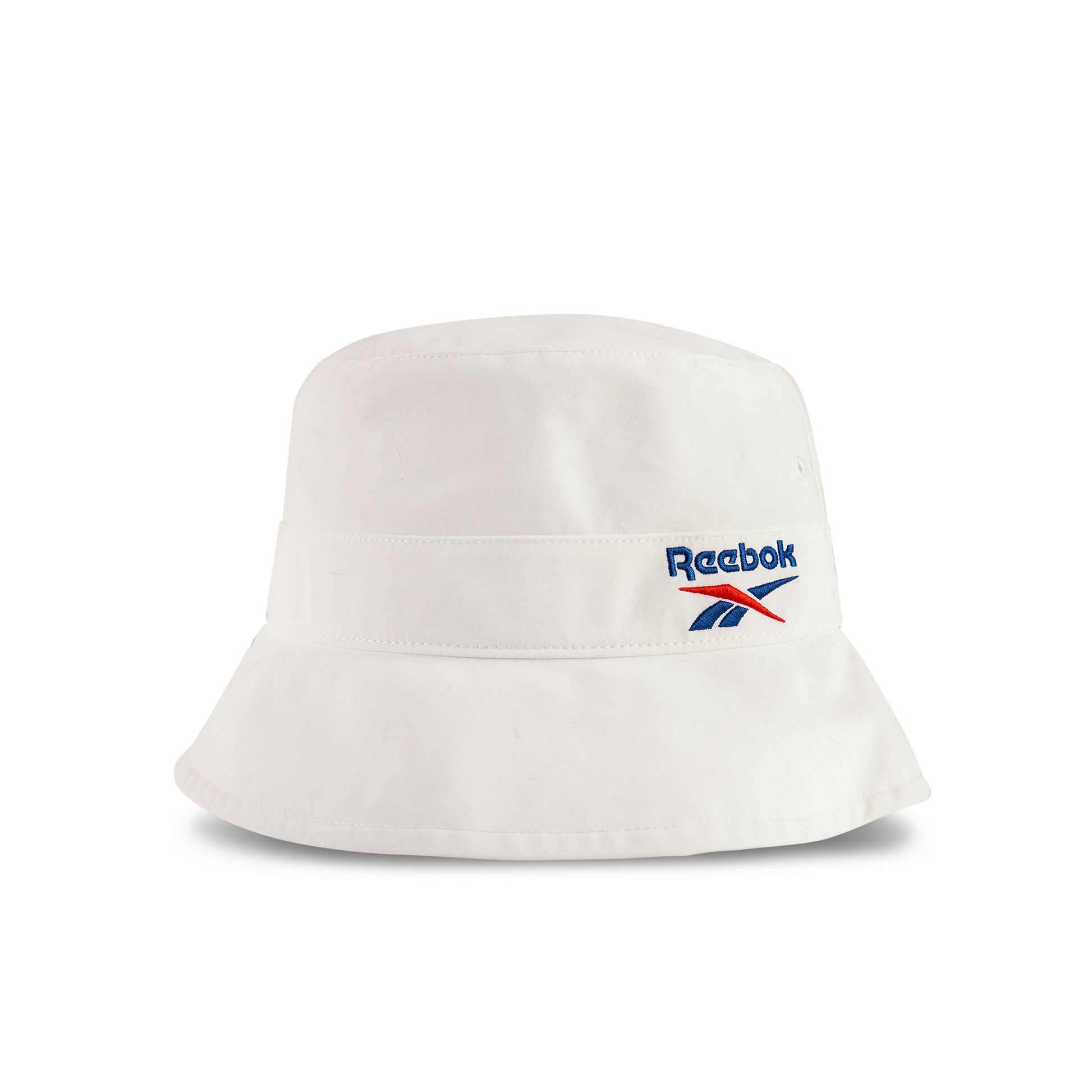 The Reebok Bucket Hat is crafted from recycled nylon and showcases the iconic logo embroidered in blue, red, and black on the front—an ideal accessory to elevate your streetwear style. Shown on a plain white background.